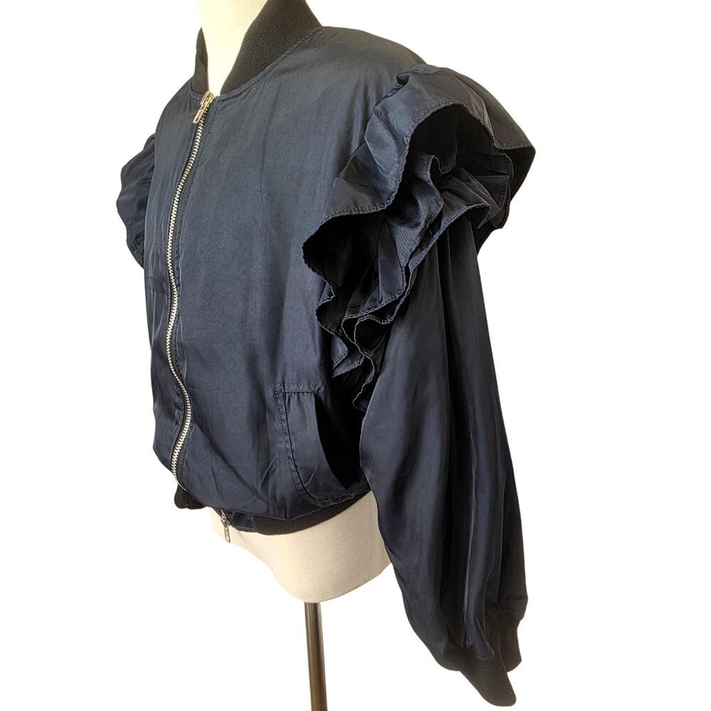 MABLE Ruffle Shoulder Bomber Jacket Womens Sz L Navy Silver Full Zip Cropped - Picture 2 of 13